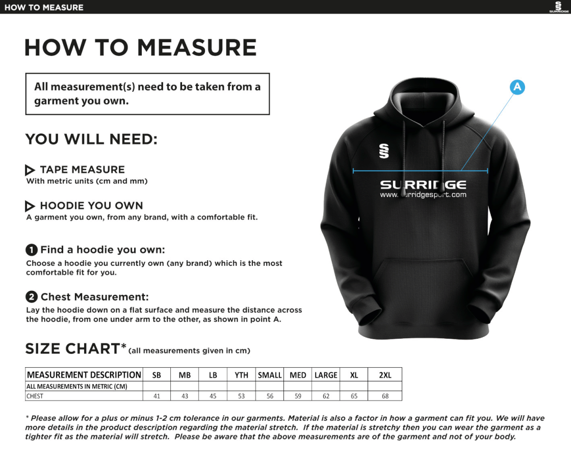 St Peter's Burnley Squash Club Blade Hoody - Size Guide