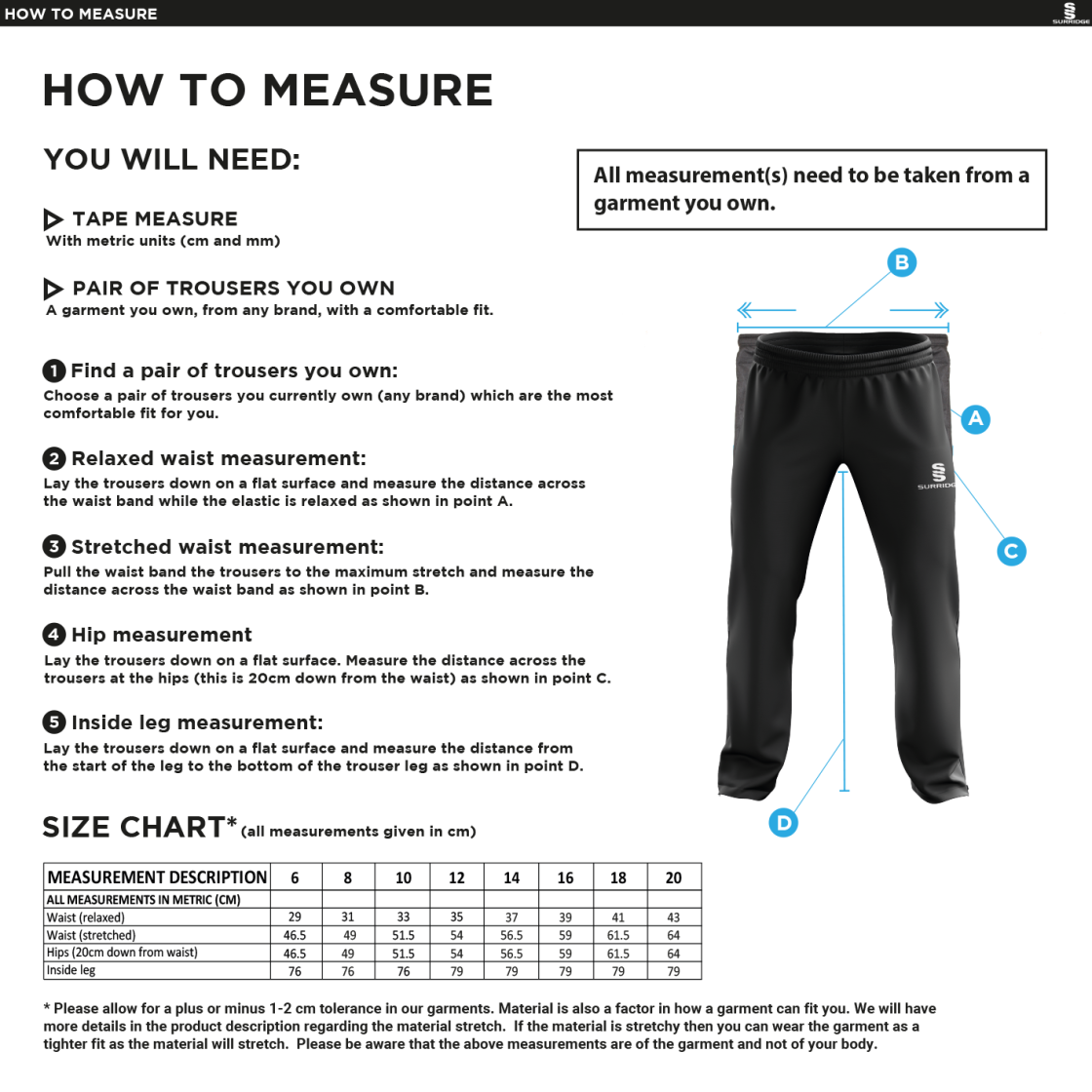 St Peter's Burnley Squash Club Poplin Tracksuit Pants - Size Guide