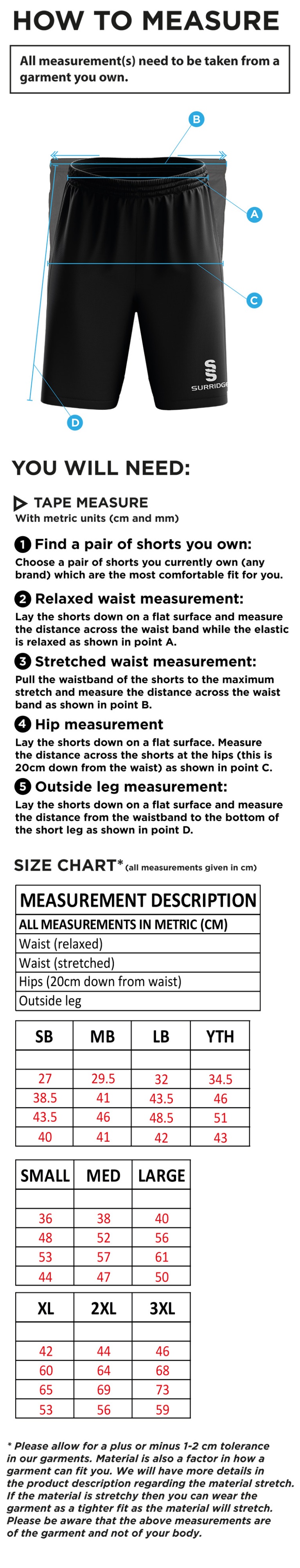 St Peter's Burnley Sqaush Club Blade Shorts - Size Guide