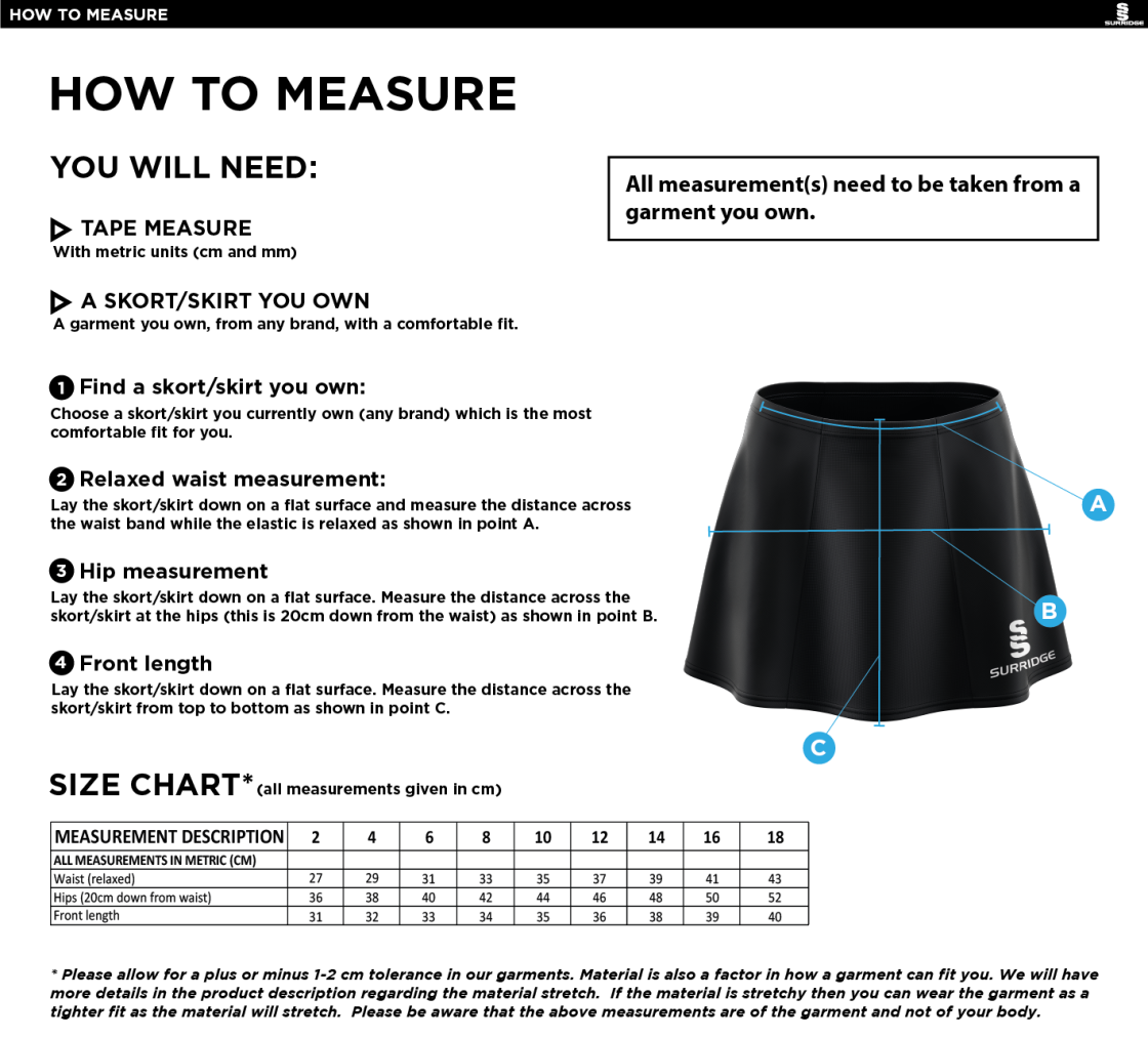 St Peter's Burnley Squash Club Blade Skort - Size Guide