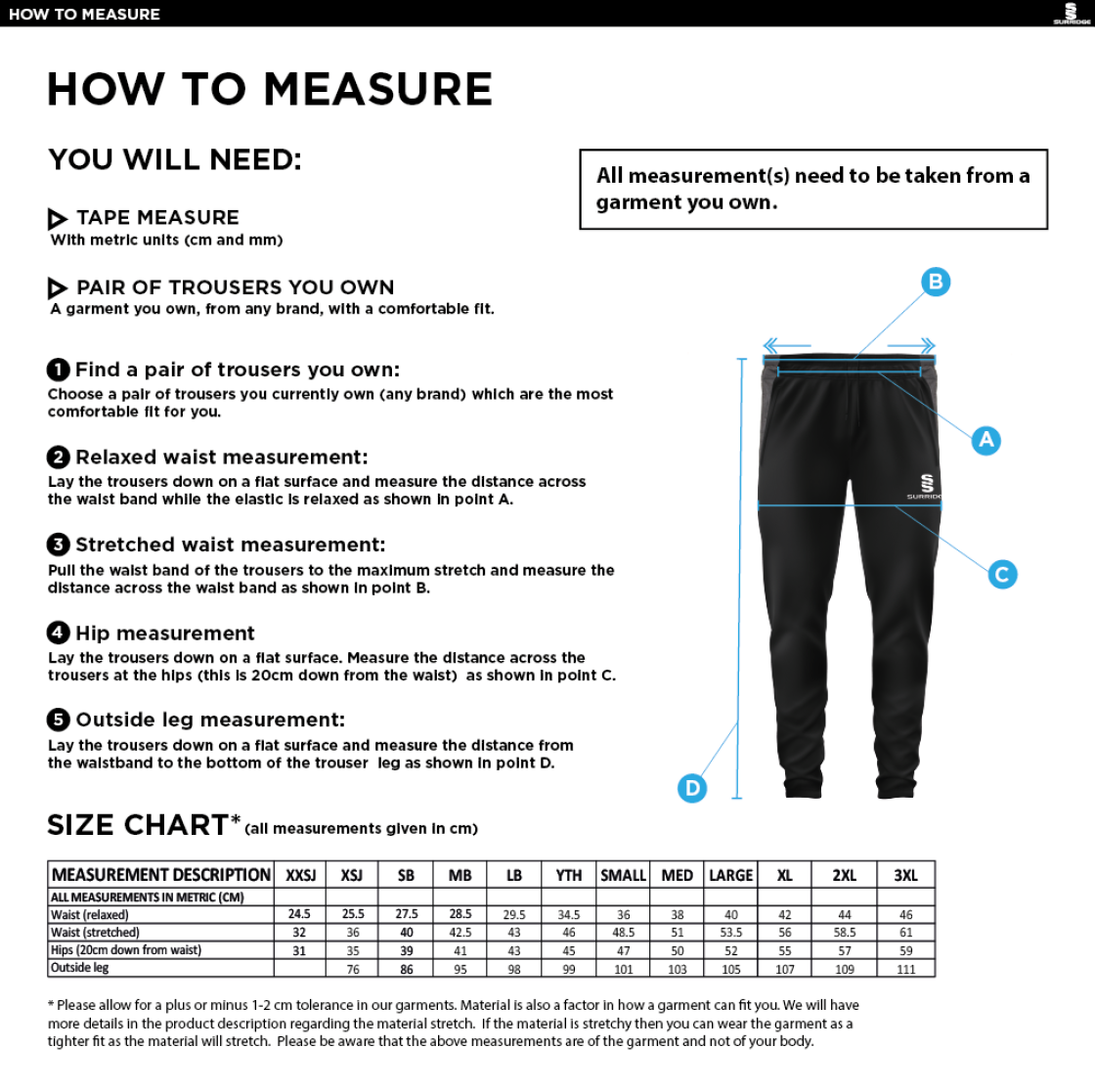 St Peter's Burnley Squash Club Tek Skinny Pants - Size Guide