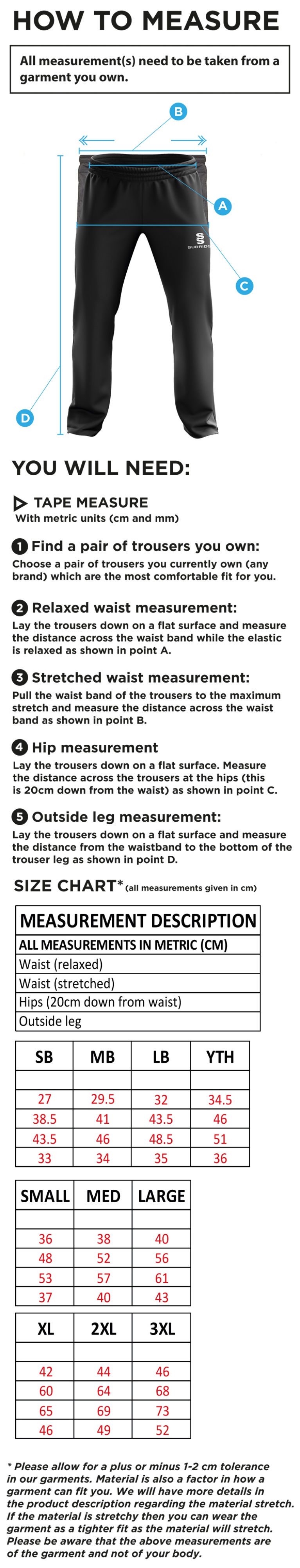 St Peter's Burnley Squash Club Ripstop Tracksuit Pants - Size Guide