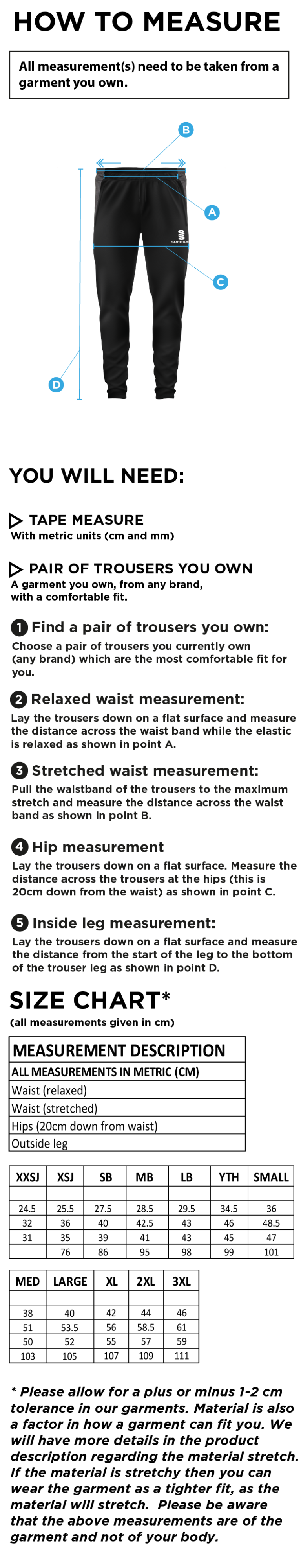 ST PETER'S BURNLEY SQUASH CLUB TEK SKINNY PANTS - Size Guide