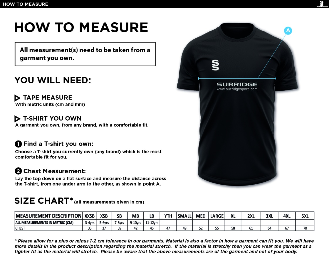 ST PETER'S BURNLEY SQUASH CLUB BLADE TRAINING TOP - Size Guide