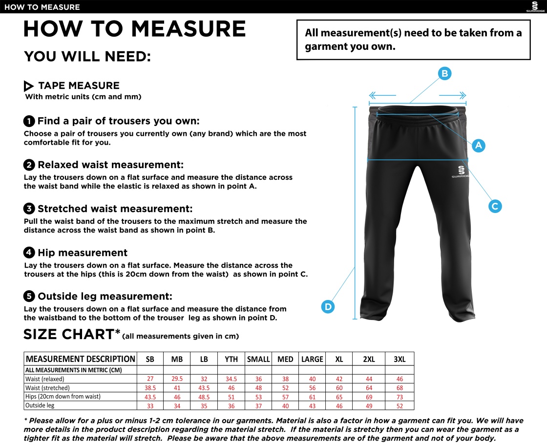 St Peter's Burnley Squash Club Ripstop Tracksuit Pants - Size Guide