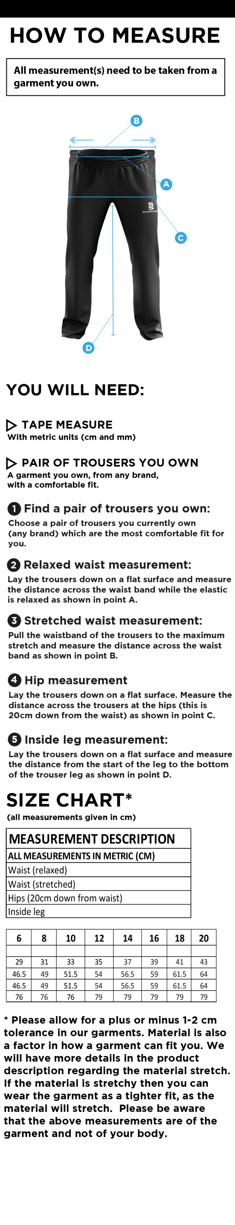 St Peter's Burnley Squash Club Poplin Tracksuit Pants - Size Guide