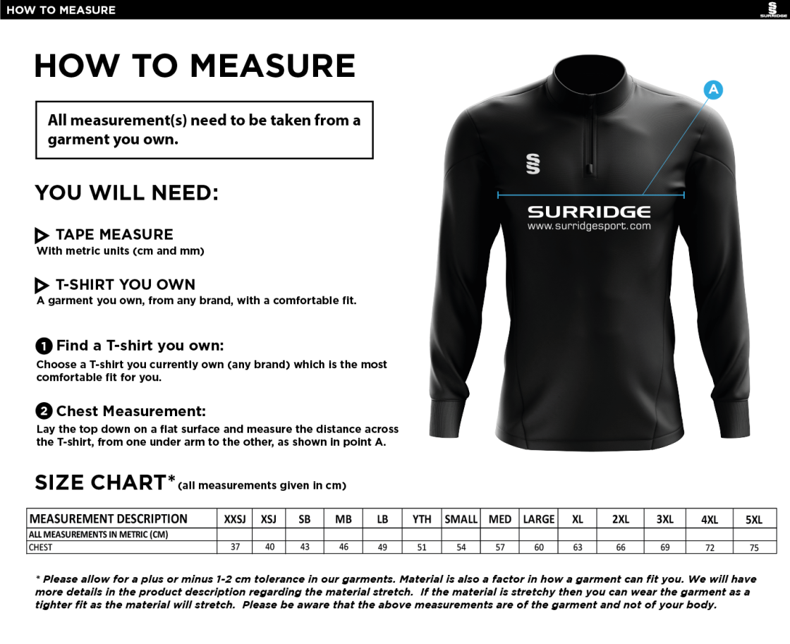 St Peter's Burnley Squash Club Blade Performance top - Size Guide