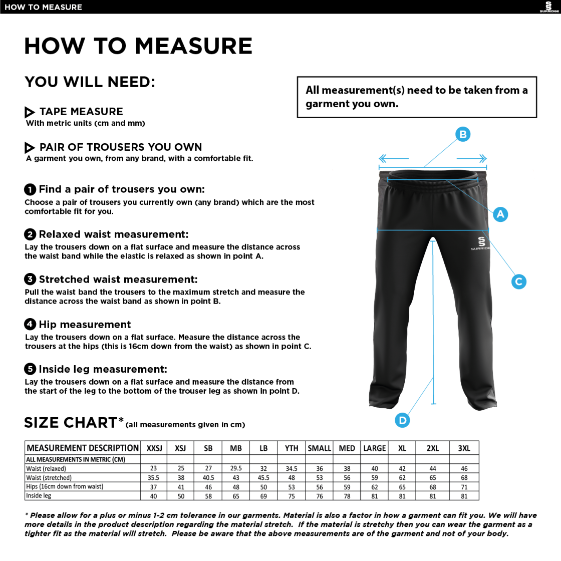 ST PETER'S BURNLEY SQUASH CLUB POPLIN TRACKSUIT PANTS - Size Guide