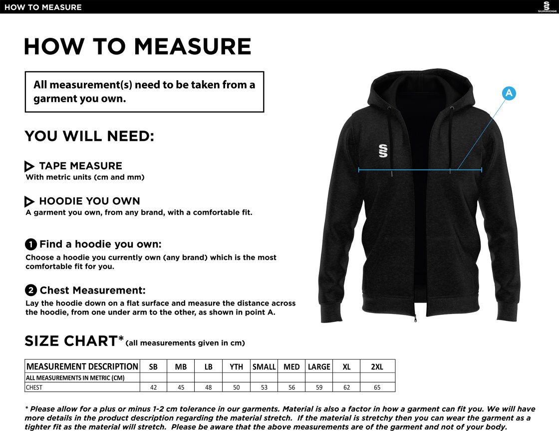 ST PETER'S BURNLEY SQUASH CLUB BLADE HOODY - Size Guide