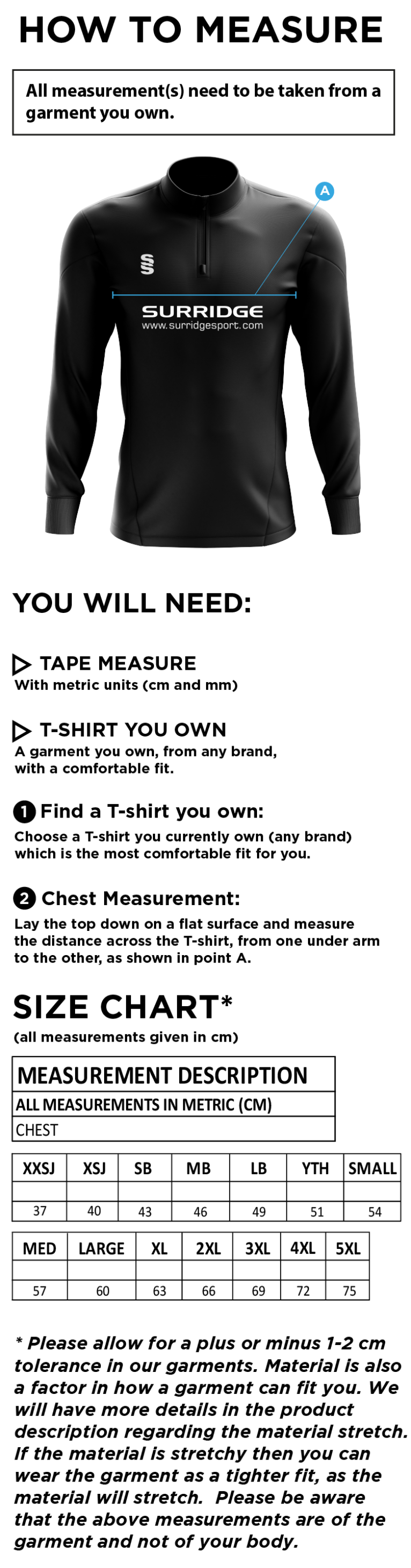 St Peter's Burnley Squash Club Blade Performance top - Size Guide