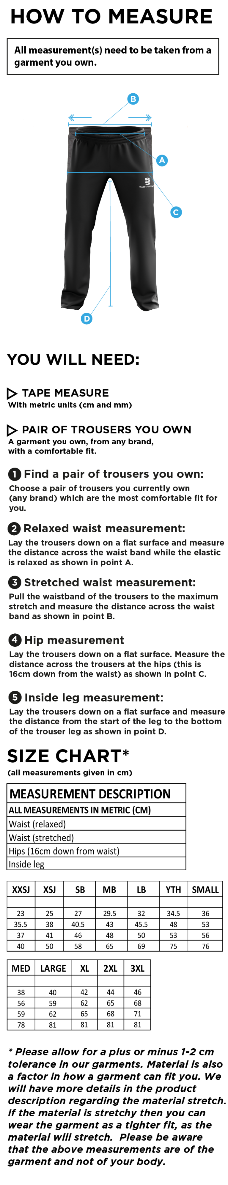 ST PETER'S BURNLEY SQUASH CLUB POPLIN TRACKSUIT PANTS - Size Guide
