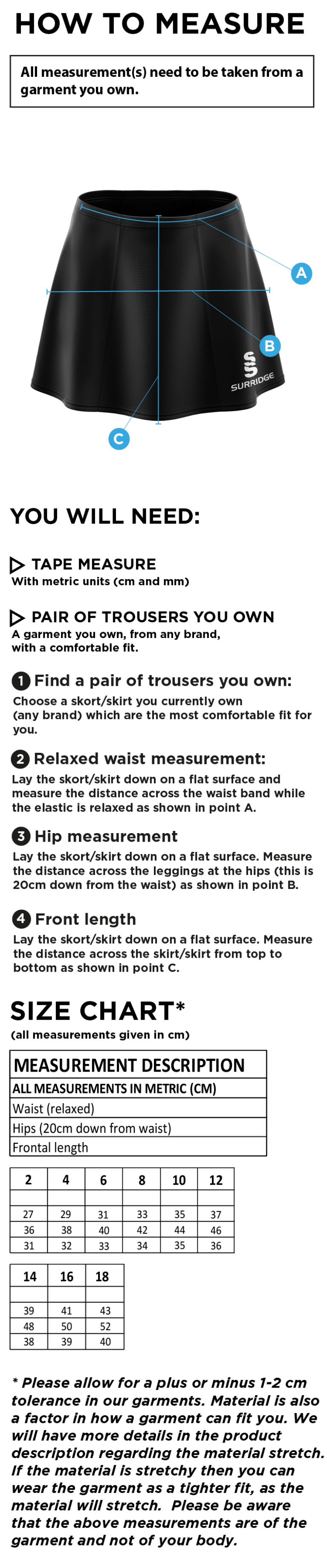 St Peter's Burnley Squash Club Blade Skort - Size Guide